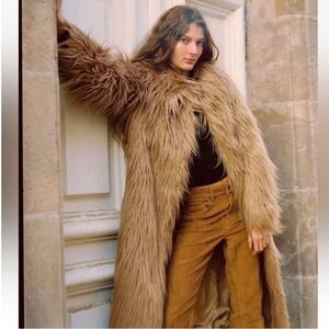NWT Zara  Limited Edition Faux Fur Long Coat in Camel Brown Size S